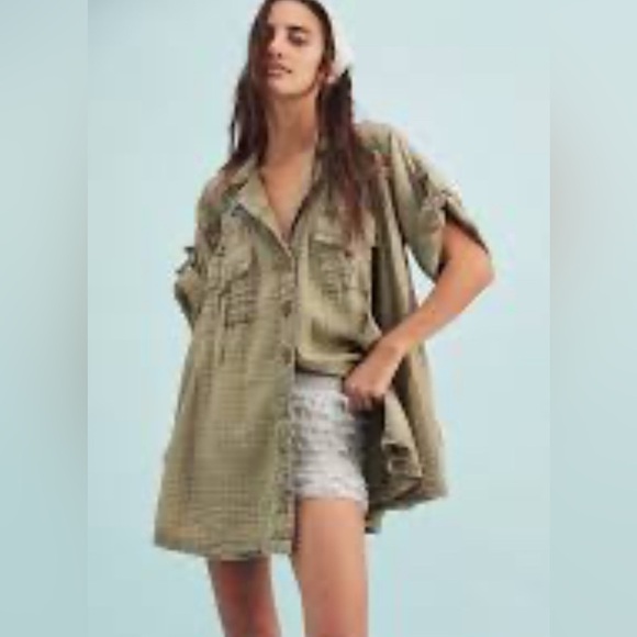 NWT FREE PEOPLE Tracking Trails Shirt Dress M Olive Branch - Picture 3 of 9